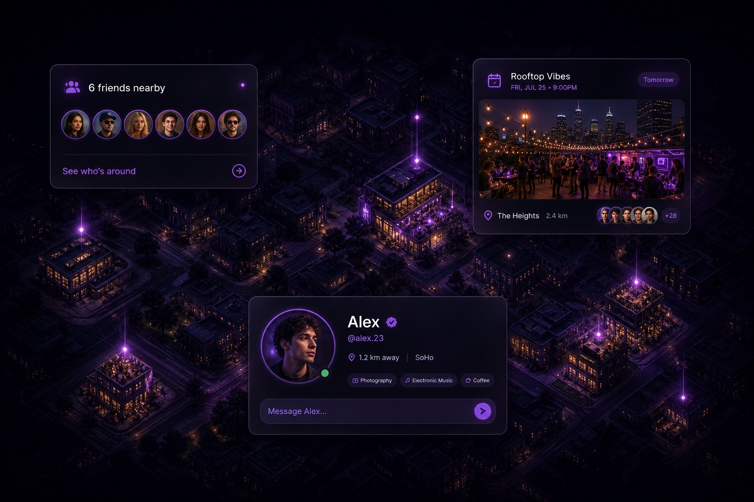 Kami map showing nearby friends, venues, and live moments